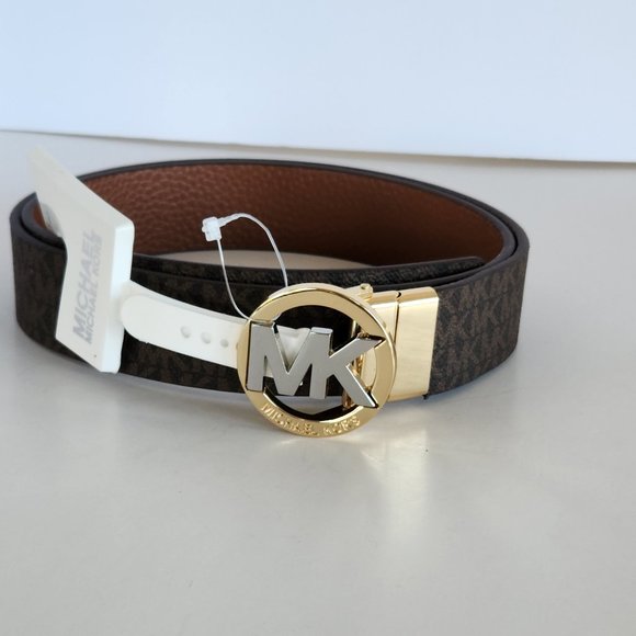 MICHAEL Michael Kors Reversible Faux Leather Belt with MK Logo Buckle,  Black and Silver Metallic, Large at  Women's Clothing store